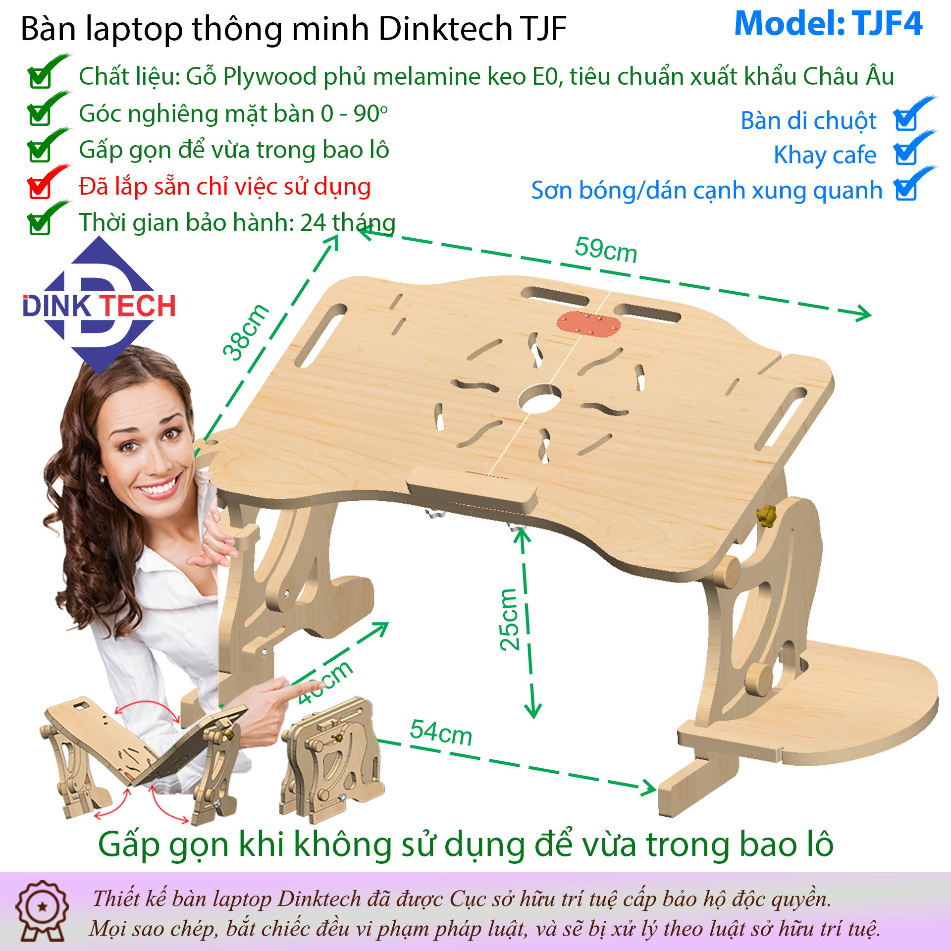 Bàn laptop thông minh Dinktech - phiên bản gấp gọn chân và mặt TJF4 - Ảnh 4